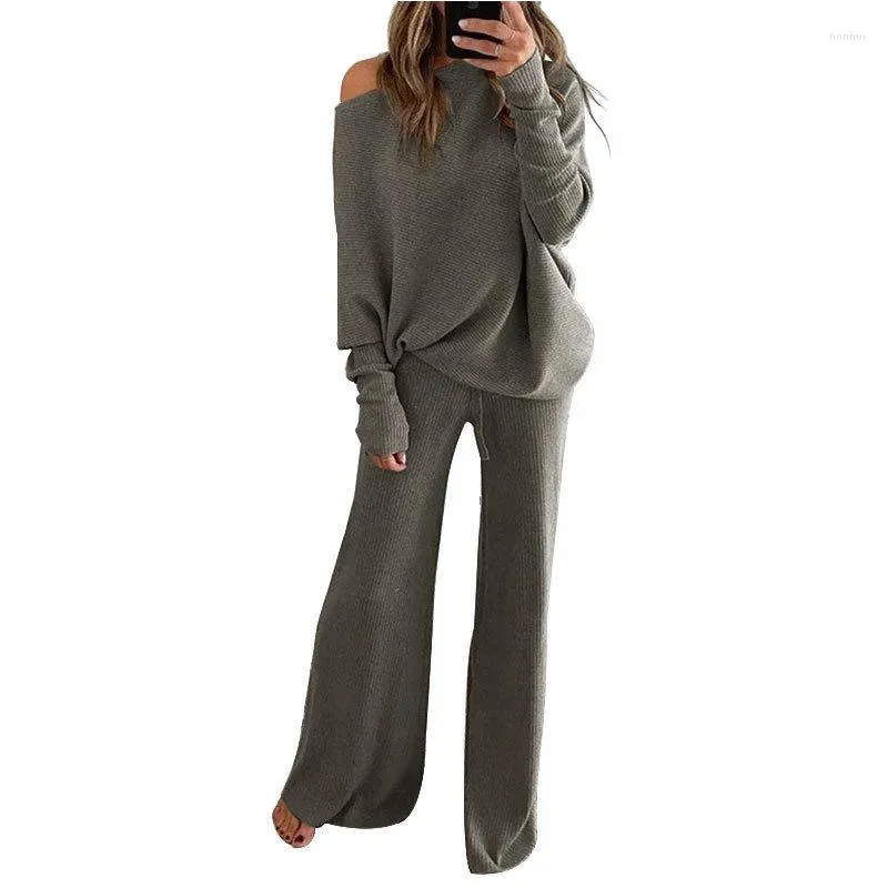 Women`s Two Piece Pants Knitted Suit Women`s Casual Skew Collar Knit Pullover Elastic Waist Wide Leg 2 Sets Womens Outfits Leisure