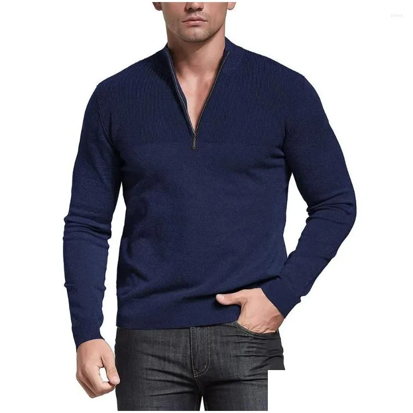 Men`s Sweaters Fashion 1/4 Zip-up Pullovers Sweatshirt V Neck Stand Collar Knitwear Casual Warm Fleece Sweater Knit Men Tops