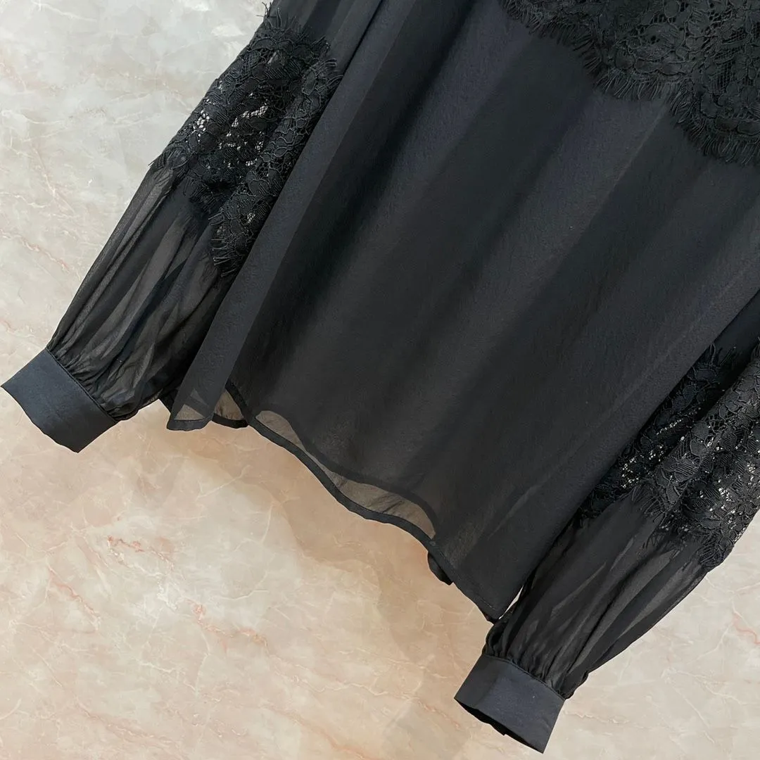 2024 Summer Black Turtleneck Long Sleeves Women`s Shirts Designer Sheer Lace 100% Silk Blouses Womens 10315