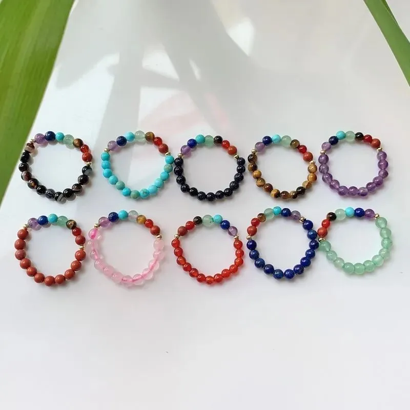 Small Bead Rings Elastic Adjustable 7 Chakra Amethysts Pink Quartz Natural Stone Crystal Rings for Women Healing Jewelry Wedding