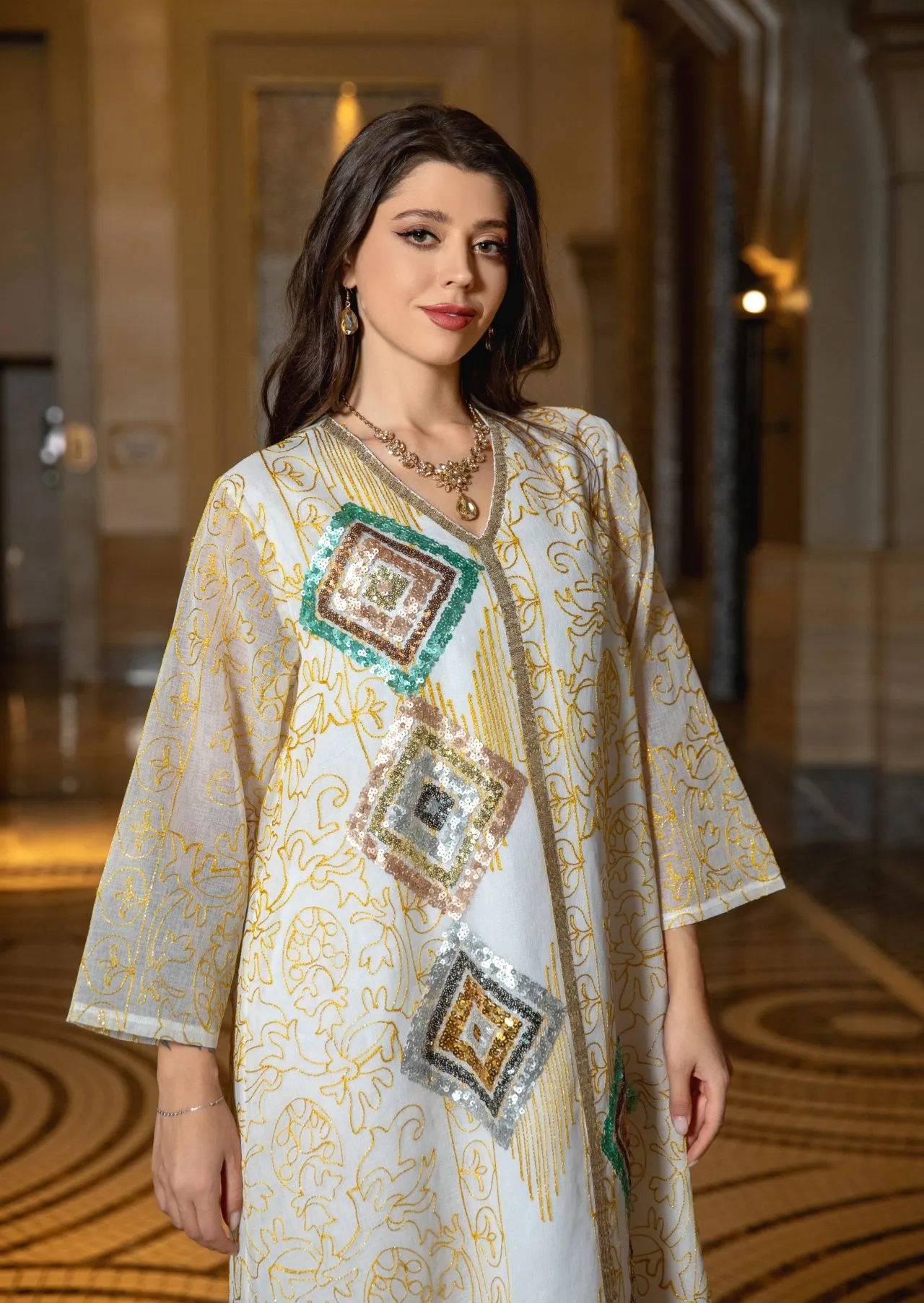 Jalabiya Middle Eastern Robe Muslim Mesh Embroidered Sequins Beaded Evening Dresses Dubai Abaya Temperament Turkish Long Dress 2024 New