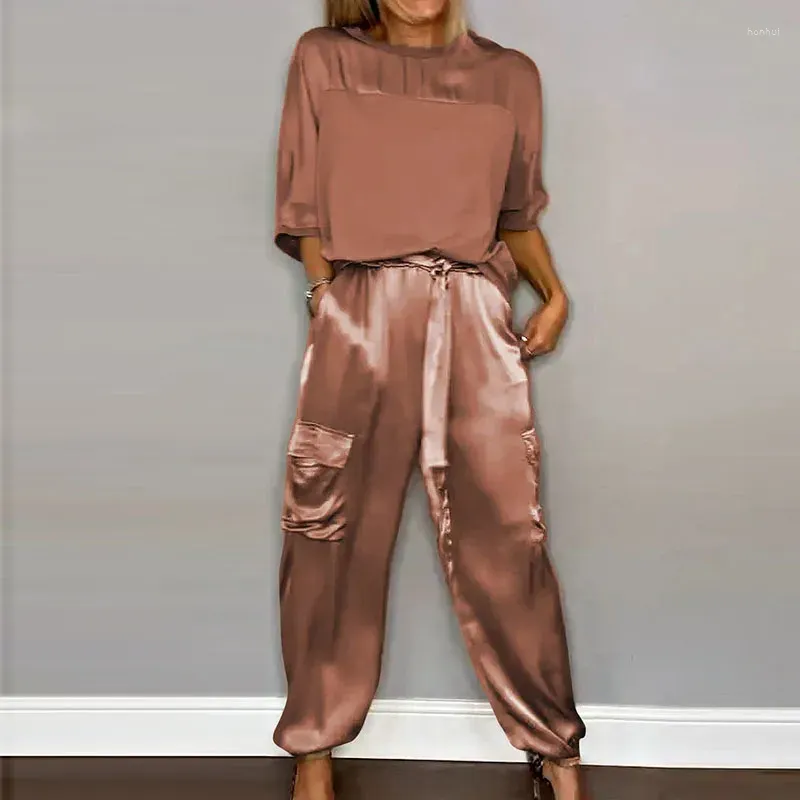 Women`s Two Piece Pants Women Casual Loose Satin 2Pc Suit Spring Fashion O-neck Half Sleeve Pullover & Long Pant Set Summer Elegant