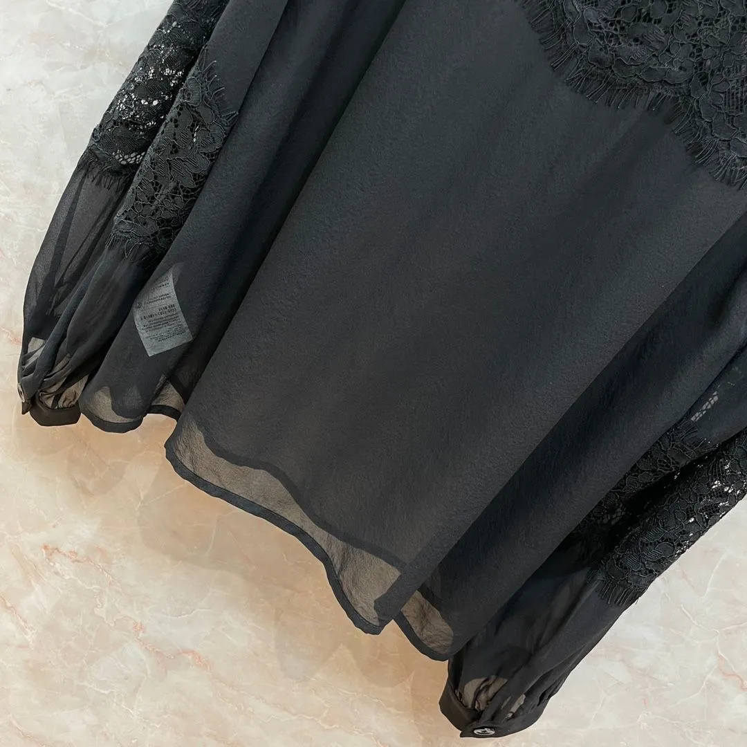 2024 Summer Black Turtleneck Long Sleeves Women`s Shirts Designer Sheer Lace 100% Silk Blouses Womens 10315