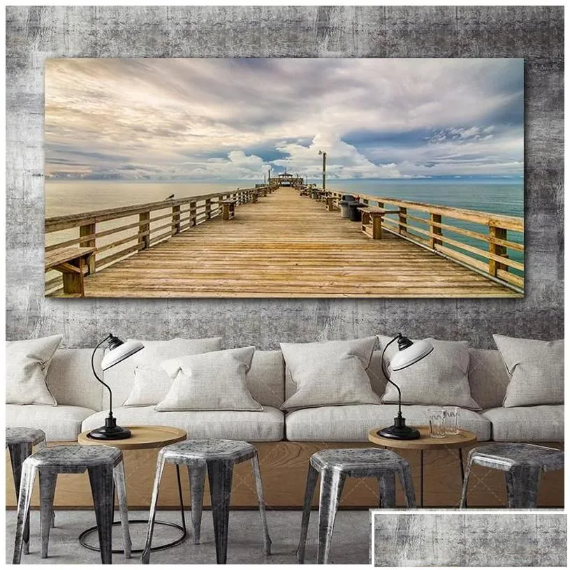 Paintings Beach Landscape Canvas Painting Indoor Decorations Wood Bridge Wall Art Pictures For Living Room Home Decor Sea Sunset Pri Dhtvm