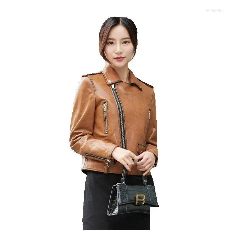 Women`s Leather Wearing Jackets Sheepskin Short Casual Slim Fit Suits Collar