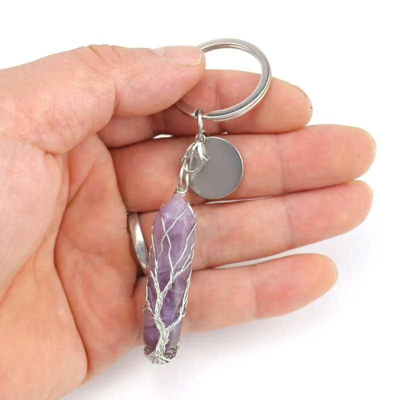 Handmade Tree of Life Key rings Hexagonal Prism Pillar Natural Stone Healing Crystal Quartz Keychain Keys Chain Key Ring