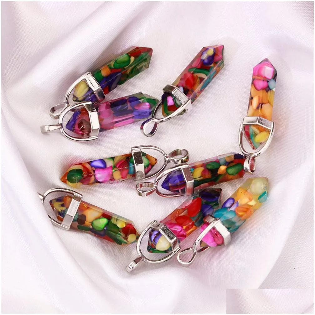 Charms Resin Hexagonal Column Chakra Pendants Healing Crystal For Necklace Jewelry Making Drop Delivery Findings Components Dhynr