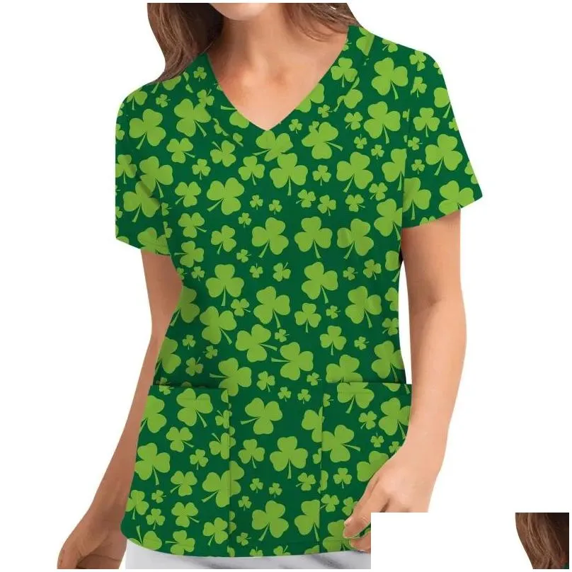 Women`s T-Shirt Women T Shirts Non-positioning St. Patrick Leaf Print Short Sleeve Carer Top V Neck Summer Tops Fashion Loose Tee Shirt