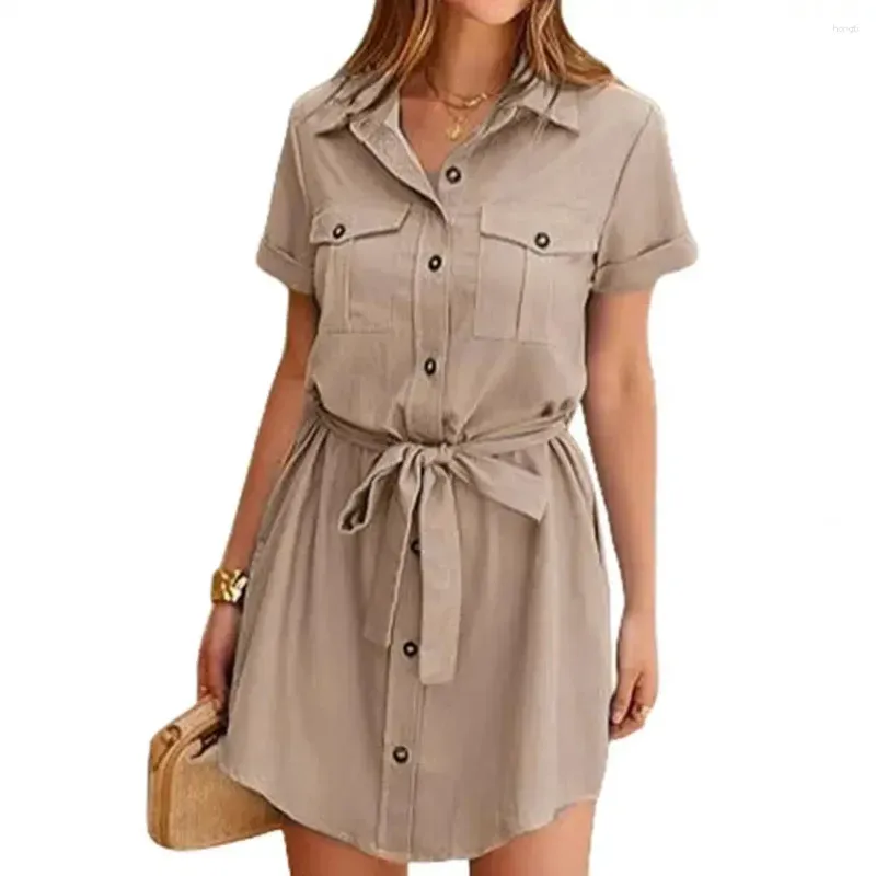 Casual Dresses Women Shirt Dress Mini V Neck Button Down With Belted Pocket Women`s Summer Short Sleeve For Streetwear