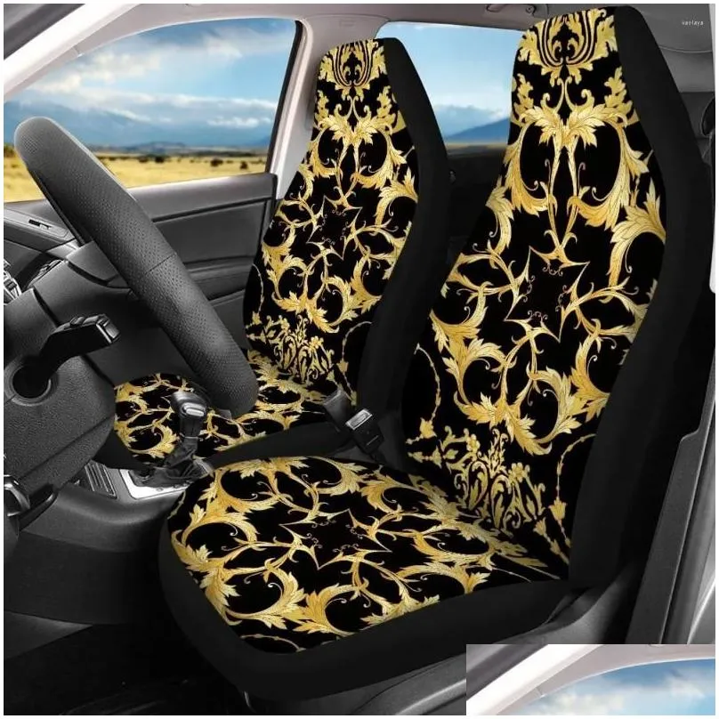 Car Seat Covers Golden Baroque Pattern Accessories Soft Non-Slip Washable Interesting Anti-dirt Front Back Cover Set For Auto Truck