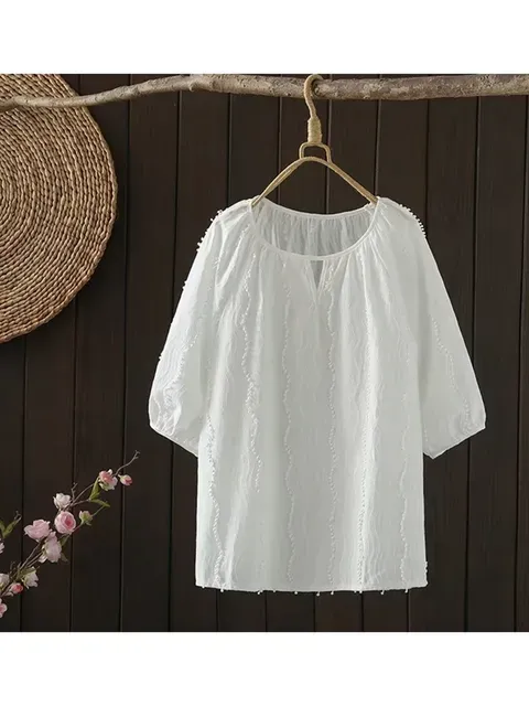 Women`s Blouses Lamtrip Unique 3D Ball Lacing O-Neck Half Sleeve Shirt Cotton Loose Top Mori Girl 2023 Summer
