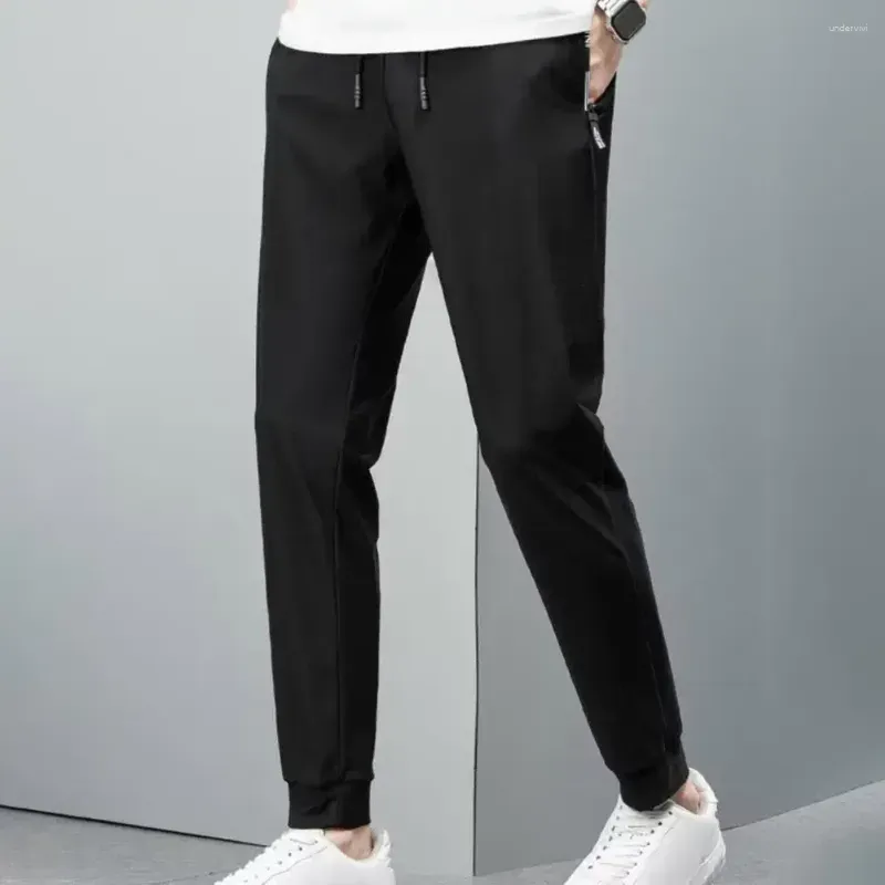 Men`s Pants Men Casual Trousers Loose Straight Drawstring With Elastic Waist Pockets Breathable Ankle-length For Daily