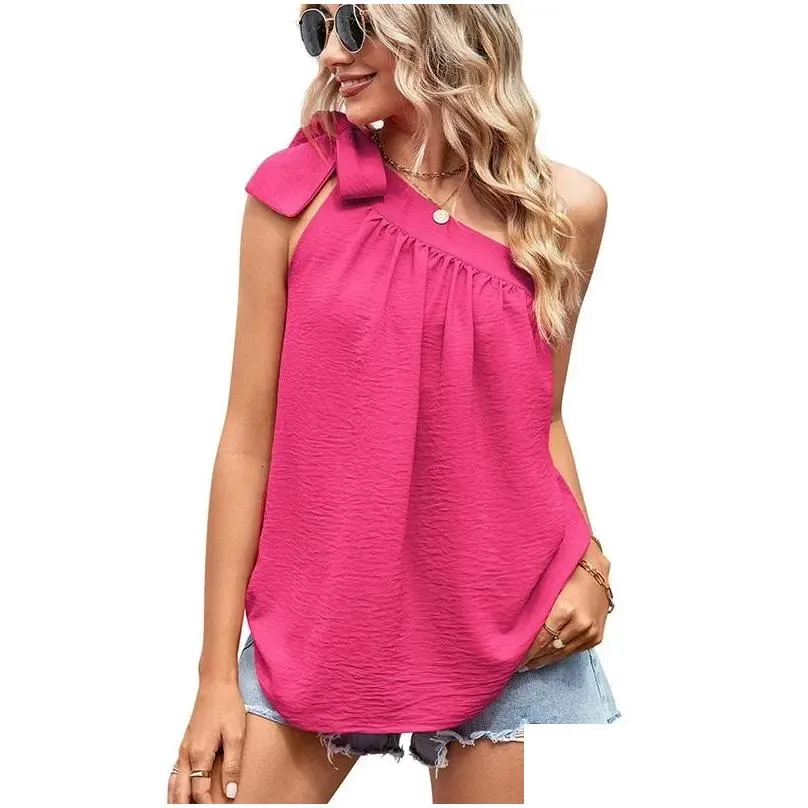 Women`s Vests In The Summer Of 2024 European And American Diagonal Shoulder Tied Bow Top Single Vest