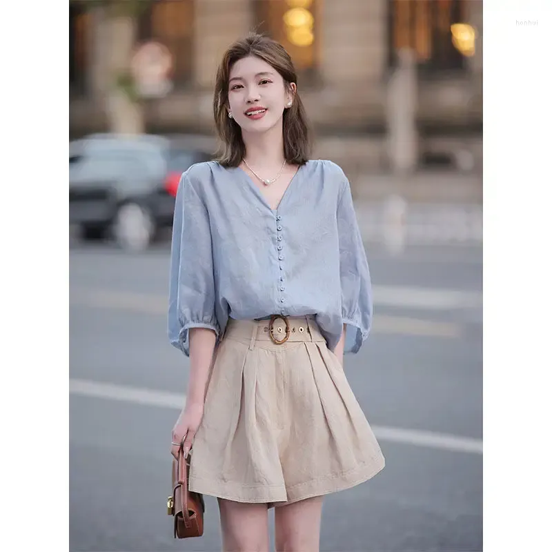 Women`s Blouses Fashion V-Neck Button Solid Color Puff Sleeve Clothing 2024 Spring Summer Loose Korean Tops Casual Shirts