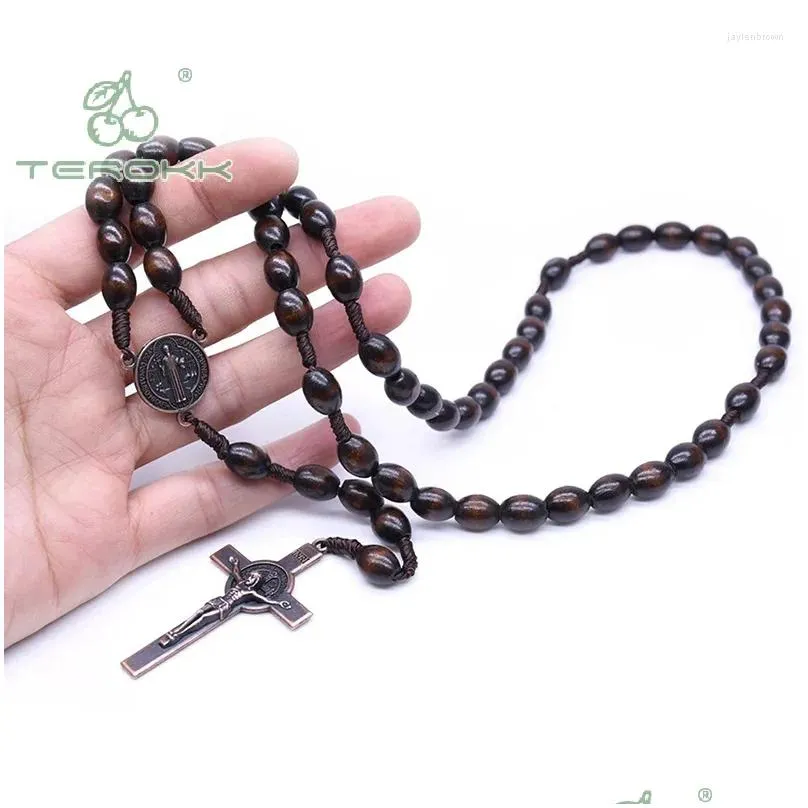 Pendant Necklaces Rosary Necklace Vintage Jesus Cross Catholic Wood Beads Religious Prayer Jewelry