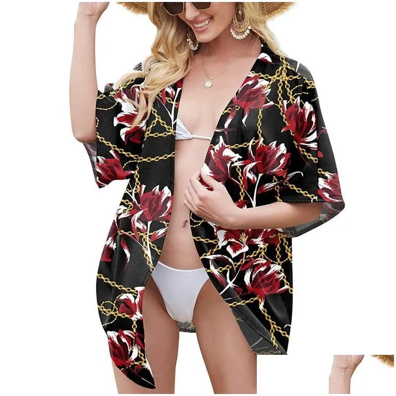 Women`s Swimwear Chiffon Casual Loose Open Front Cover Ups Tops Summer Women Printing Kimono Long Cardigan Blouse Shawl Beachwear