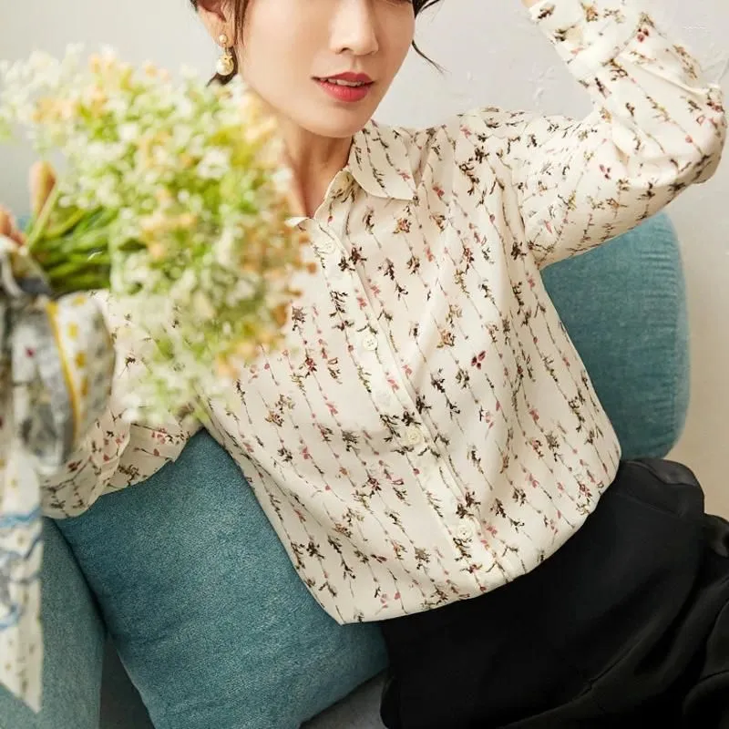 Women`s Blouses Vertical Stripe Small Flower Top Women S Spring Dress 2023 Silk Shirt Mulberry Long