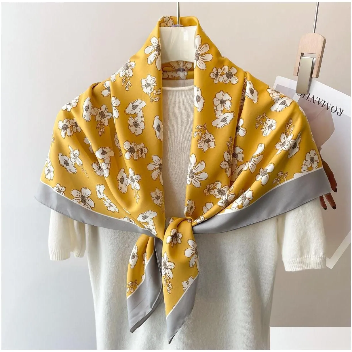 summer 90*90cm classics design fashion brand classic letter beautiful flower satin luxury square scarf outdoor shawl silk turban beach wrap women flower