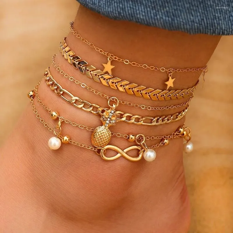 Anklets 6pcs Fashion Metal Multilayer Chain Ankle Anklet For Women Trendy Geometric Pineapple Stars Pendant Bohemia Foot Jewelry