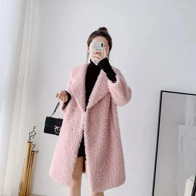 Women`s Fur High Quality Faux Winter Jacket White Thickened Sheep Shearing Coat Granular Velvet Lamb Hair Parka Pink