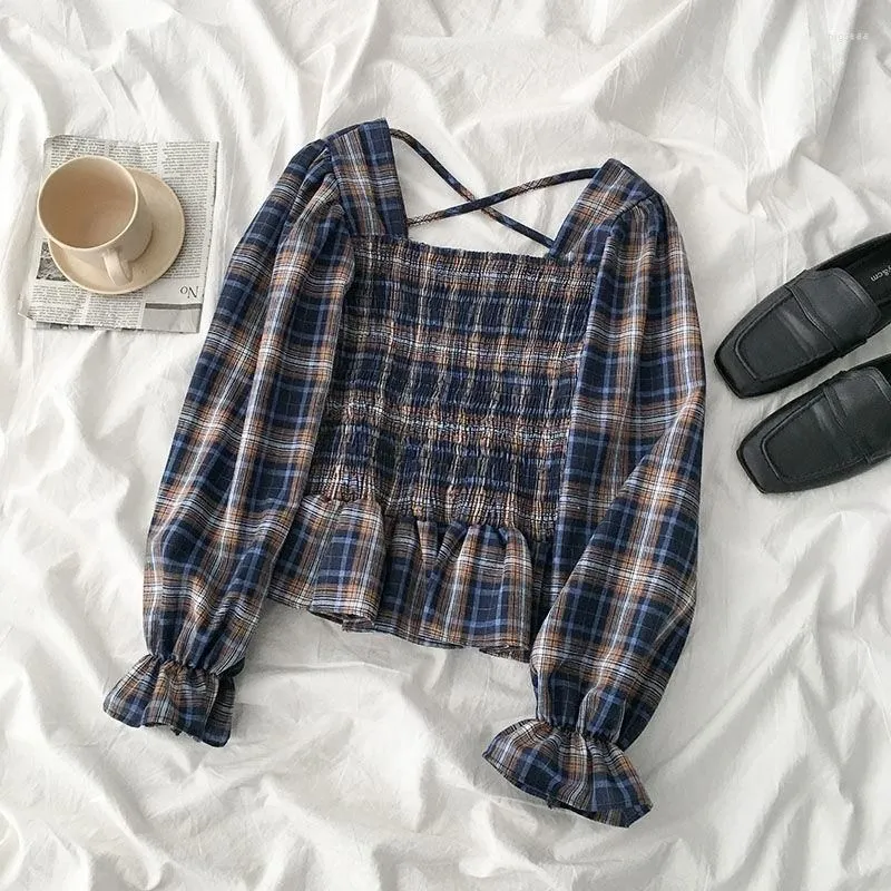 Women`s Blouses Plaid Shirt Square Collar Female Korean Version Of Loose Flared Sleeve Pleated Women Shirts