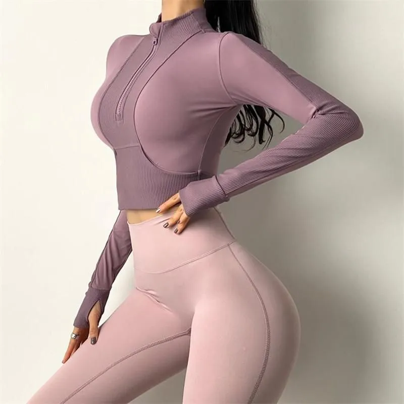 Half Zipper Yoga Wear Women`s Fitness Jacket Long-Sleeved Tight-Fitting Quick-Drying Sports Top Outdoor Leisure T-Shirt
