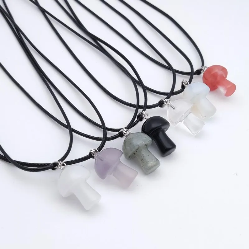 20mm Mushroom Statue Glass & Stone Carving Pendant Reiki Healing Polishing Rope Necklace For Women Jewelry Wholesale