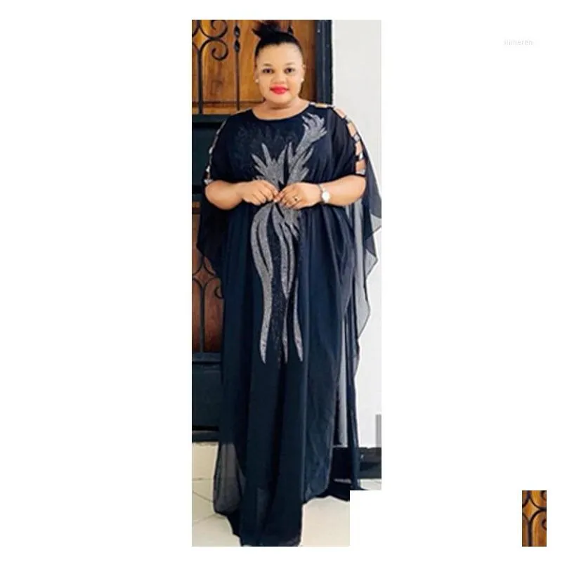 Ethnic Clothing African Chiffon Dress Women Hollow Batwing Sleeve Summer Boubou Robes Causal Stick Diamonds Long