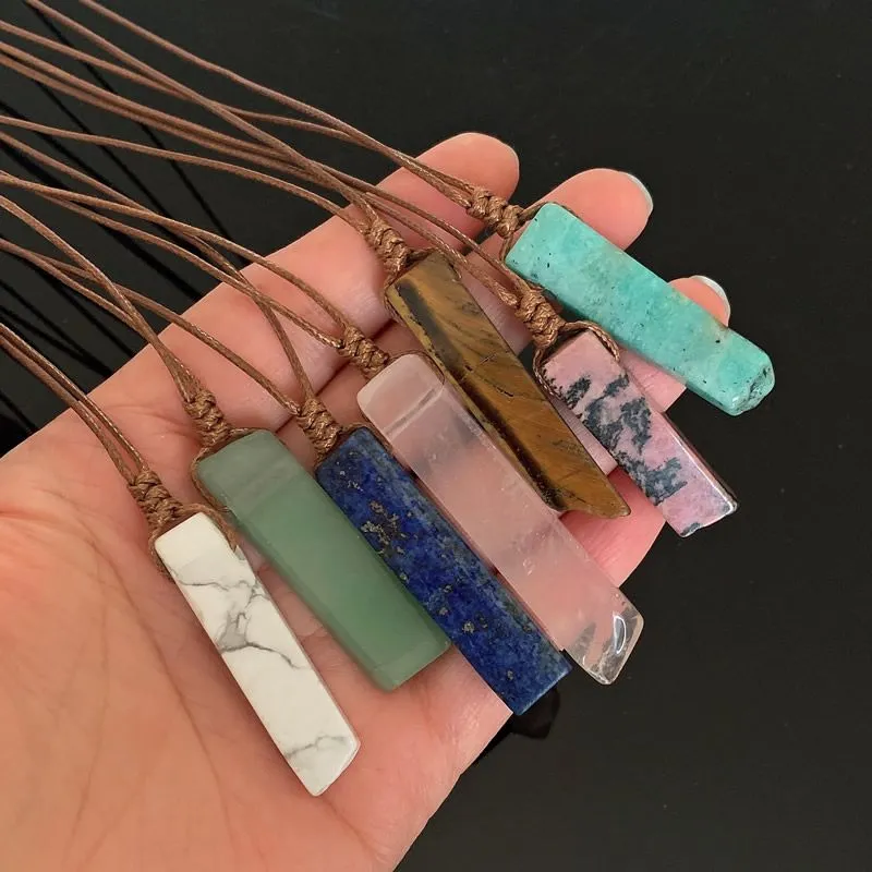 Natural Stone Pendant Raw Mineral Irregular Rectangle Quartz Pendulum Amazonite Tiger Eye Lapsi Pink Crystal Necklaces Healing BULK