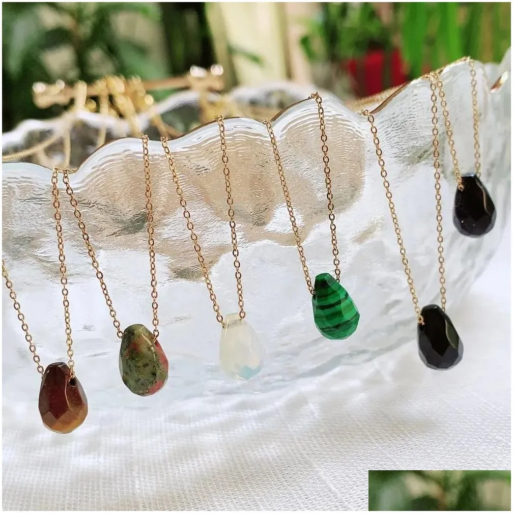 Korean Fashion Natural Crystal Stone Necklaces for Women Girls Cute Small Water Drop Charm Pendant Gold Steel Chain Choker Necklace