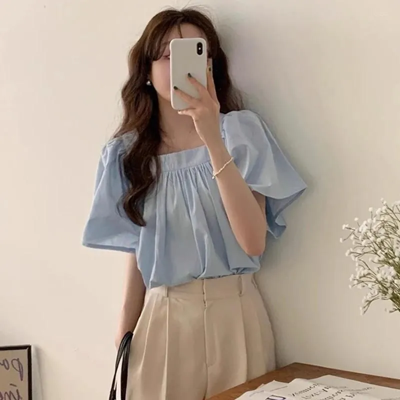 Women`s Blouses Clothland Women Elegant Blouse Basic Blue White Short Sleeve Shirt Female Cute Fashion Tops Blusa Mujer DA521