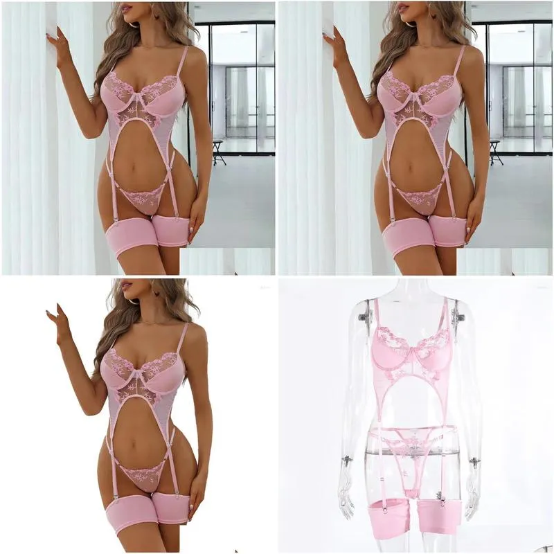 Bras Sets Women Sexy Lingerie Set Lace See Though Underwear T-back Bikini Thong Hight Cut Leotard Sleepwear Solid Erotic Nightwear