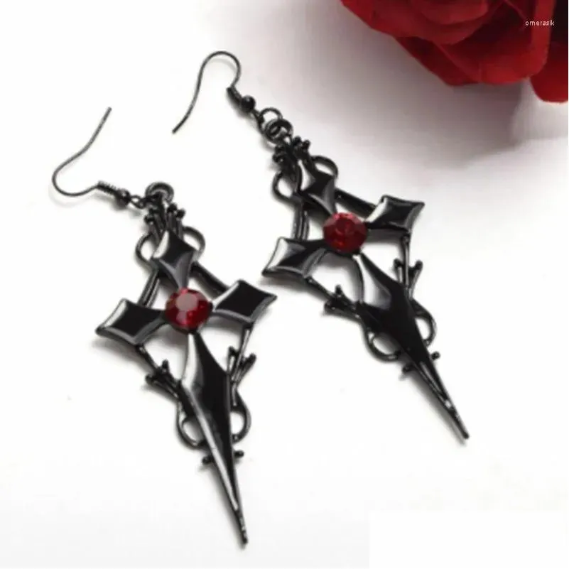 Dangle Earrings 2024 Fashion Personality Vintage Premium Cross Pendant Steampunk Red Zircon Gothic For Girl Party Jewelry Gift