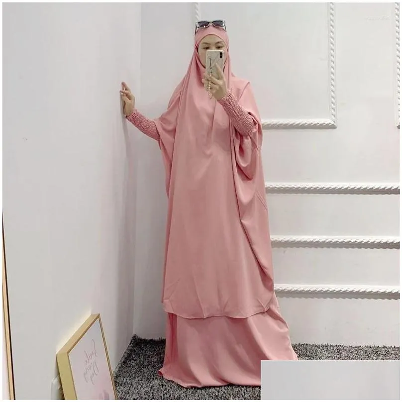 Ethnic Clothing Women Prayer Garment 2 Piece Set 2024 Ramadan Eid Hooded Khimar Abayas Islamic Abaya Hijab Dress Niqab Kaftan Robe