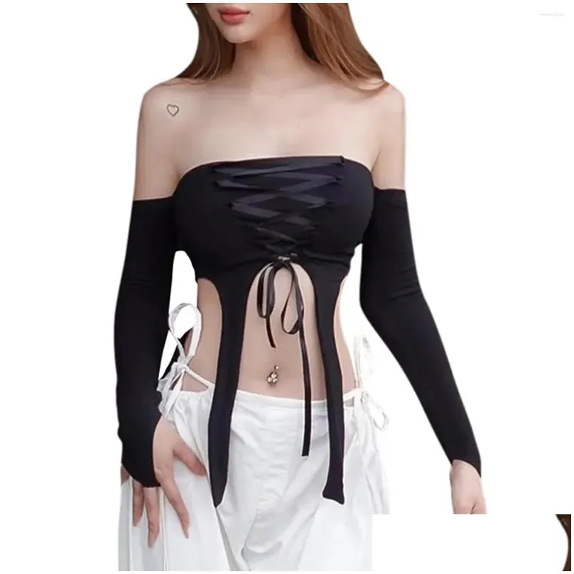 Women`s T Shirts Women T-shirt Long Sleeve Off-shoulder Tops Backless Tie-up Irregular Slim Fit Fall