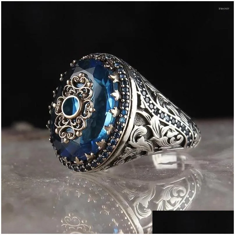 Wedding Rings Turkish Ethnic Retro Ring For Mens Vintage Black Zircon Fashion Punk Wind Islamic Relius Muslim Man Jewelry Drop Delive Dhpsv