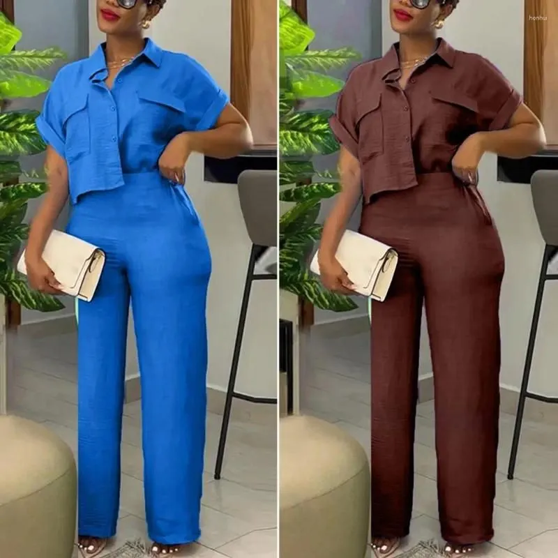 Women`s Two Piece Pants Women Commute Suit Elegant Shirt Set With Turn-down Collar Short Sleeves High Elastic Waist Solid Color For