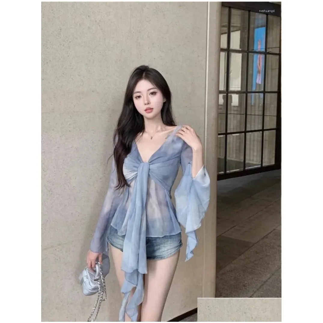 Women`s Blouses Sweet Girl Mesh Gradient Tie Dyed Shirt Summer V-neck Slim Fit Ruffle Edge Long-sleeved Top Fashion Female Clothes