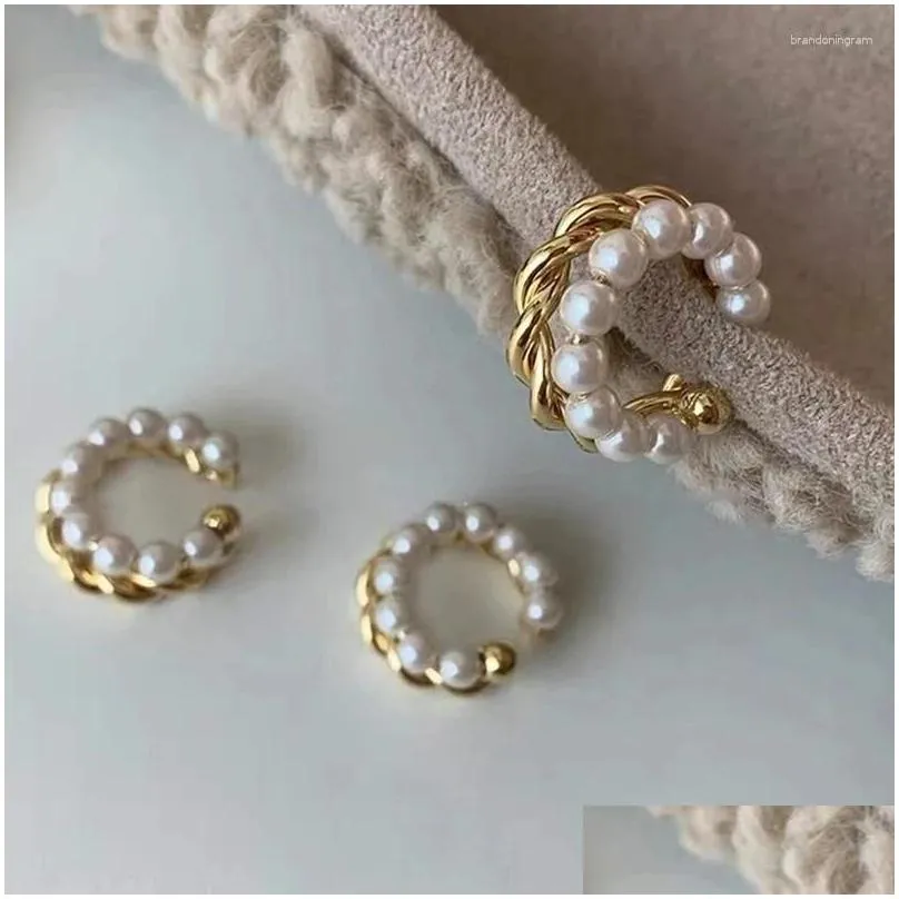 Stud Earrings Korean Gold Color Double Circle Twist Pearl Ear Cuff Vintage Geometric Earcuff Fake Piercing Pearls Clip On Earings