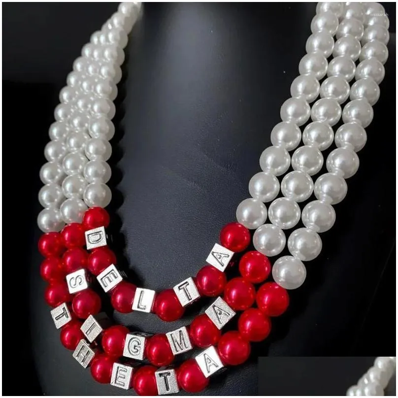 Choker Fashion DELTA Letter Sorority Society Logo Red White Imitation Pearl Multilayer Bead Necklace