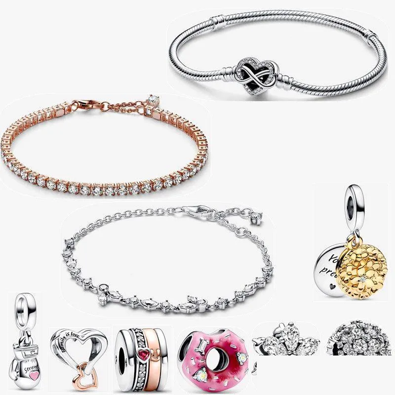 925 Silver Bracelets New Sparkling Diamond Tennis Bracelet Eternal Tie Heart Pendant Beads DIY fit Bracelet Necklace Designer Jewelry with