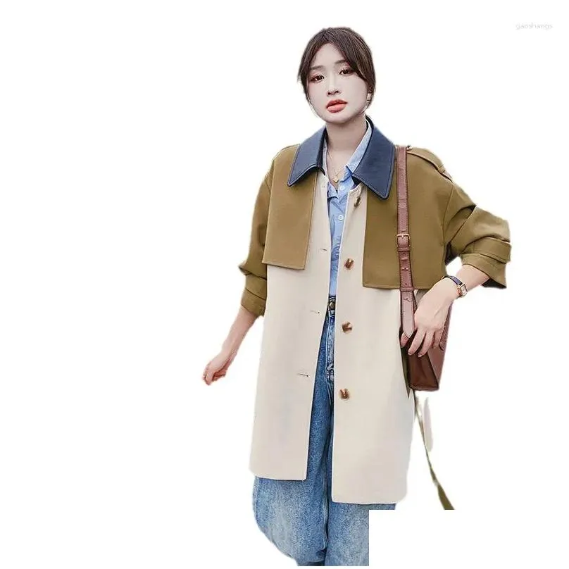Women`s Trench Coats SuperAen Korean Design Patchwork Windbreaker Jacket Loose Spring And Autumn Contrasting Color Coat