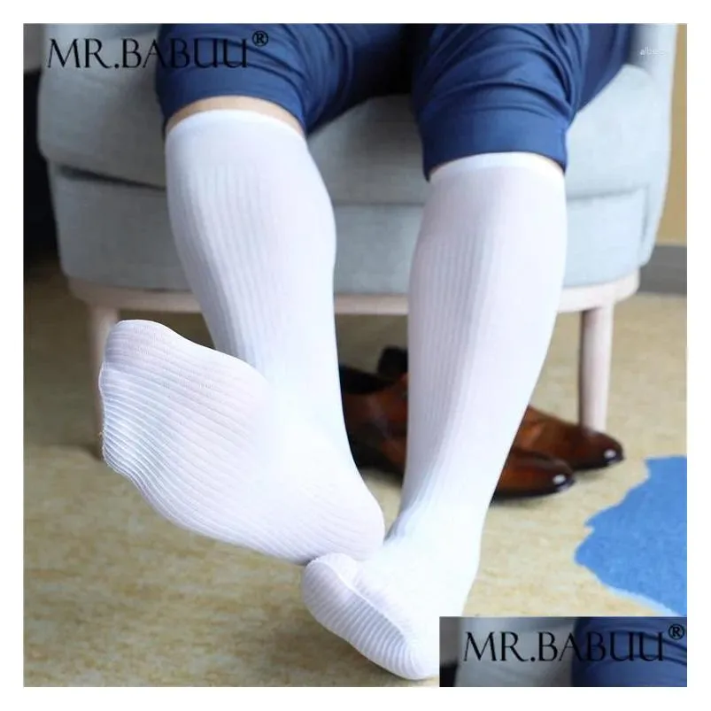 Men`s Socks Straight Pinstripe Soft Nylon Stretch Mid Tube Long Business Formal Wear Knee High