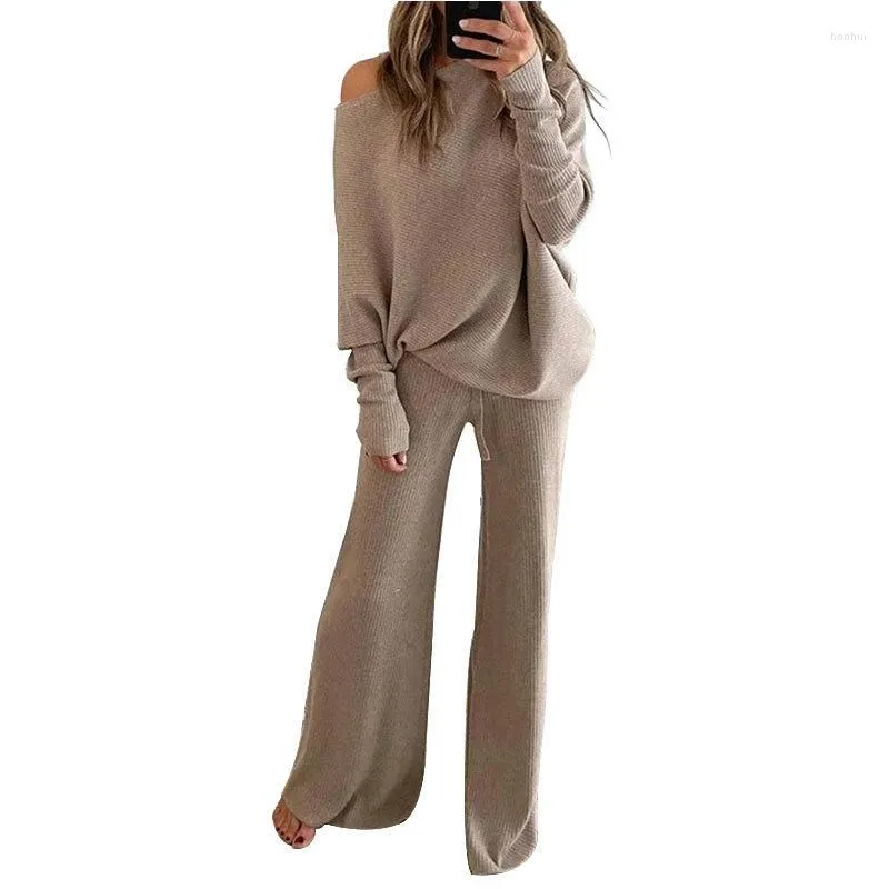 Women`s Two Piece Pants Knitted Suit Women`s Casual Skew Collar Knit Pullover Elastic Waist Wide Leg 2 Sets Womens Outfits Leisure