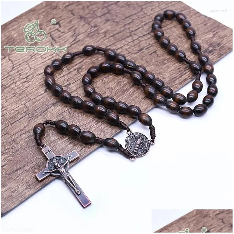 Pendant Necklaces Rosary Necklace Vintage Jesus Cross Catholic Wood Beads Religious Prayer Jewelry
