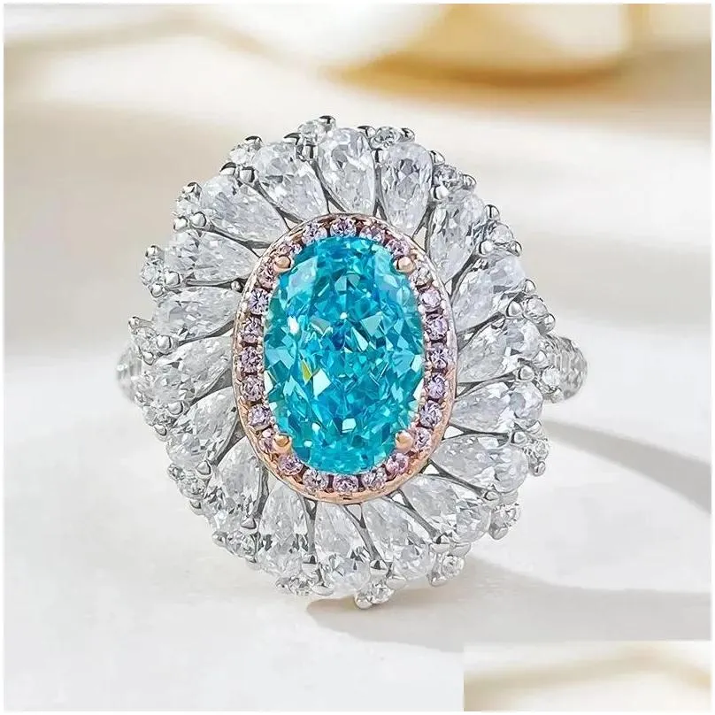 Cluster Rings S925 Silver Ring 6 9 Blue Zircon Inlaid Women`s Design Sense European And American Fashion