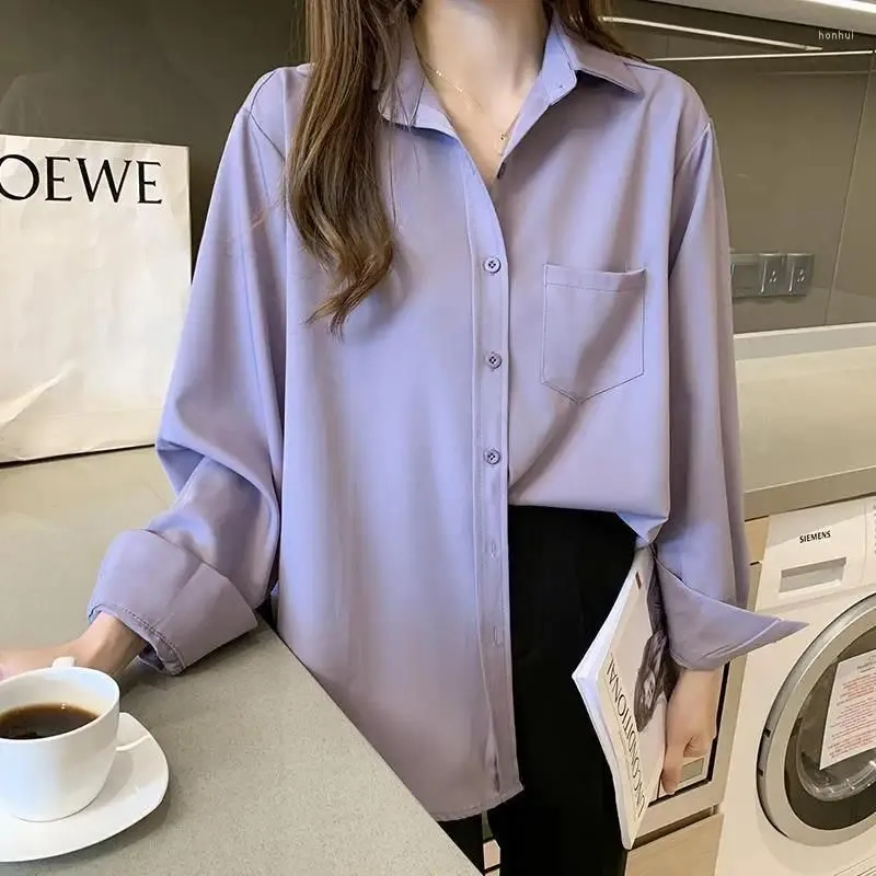 Women`s Blouses Retro Purple Long Sleeve Solid Color Shirt Simple Chiffon Tops And Blouse Women Elegant Clothing Blusas Mujer Q495