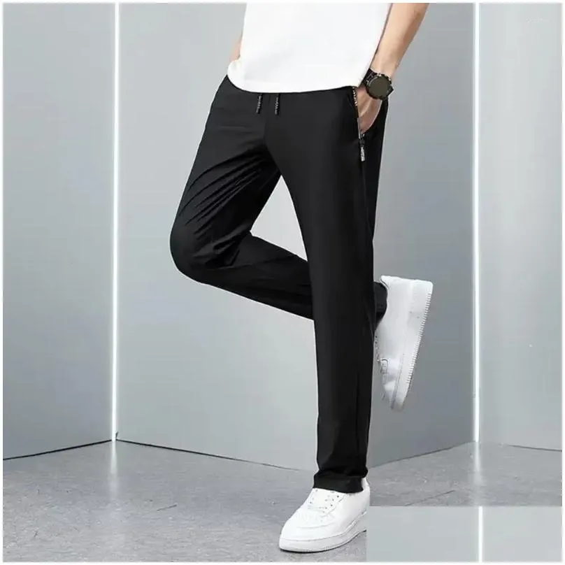 Men`s Pants Men Casual Trousers Loose Straight Drawstring With Elastic Waist Pockets Breathable Ankle-length For Daily
