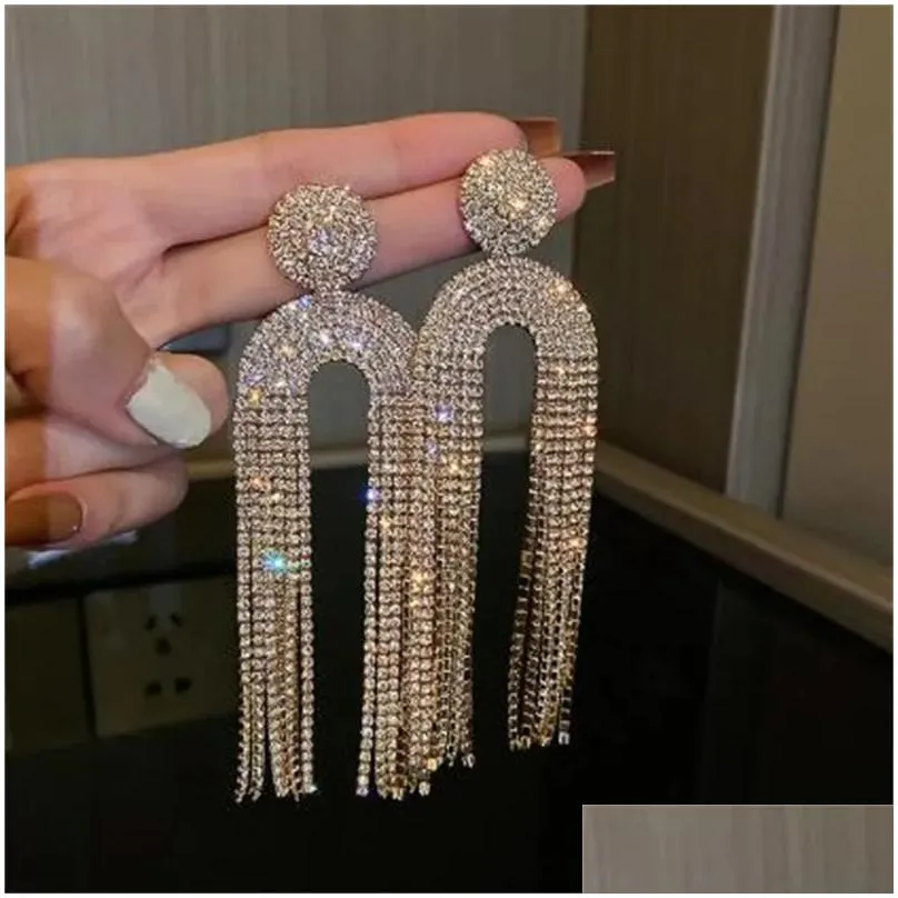 Long Tassel Rhinestone Drop Earrings for Women Geometric U Shape Crystal Dangle Earrings Statement Jewelry Gifts