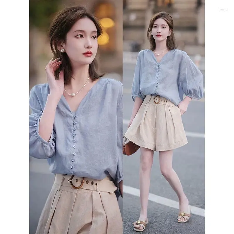 Women`s Blouses Fashion V-Neck Button Solid Color Puff Sleeve Clothing 2024 Spring Summer Loose Korean Tops Casual Shirts